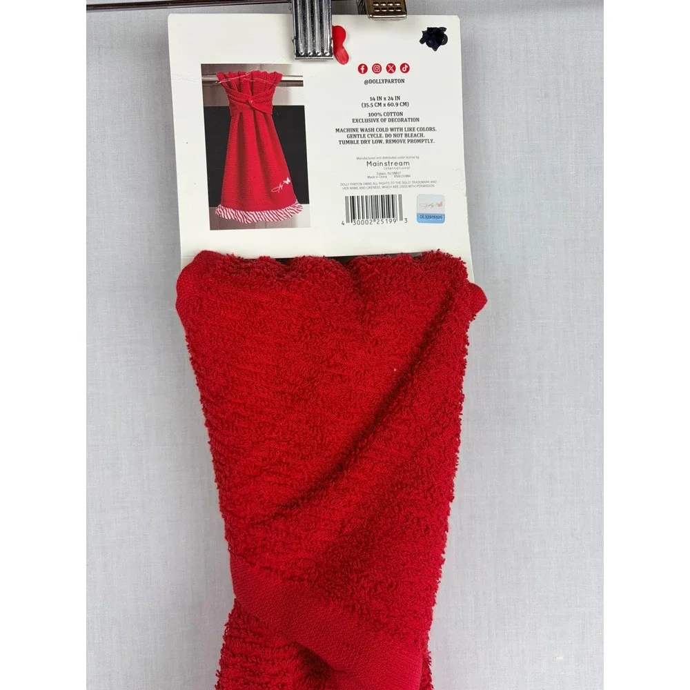 Dolly Parton Red Christmas Fridge Towel Snap Closure Striped Ruffle‎ 14x24 NEW
